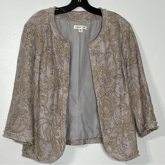 Coldwater Creek Cotton Linen Blend Embroidered Tan and Gray Blazer - Picture 1 of 6